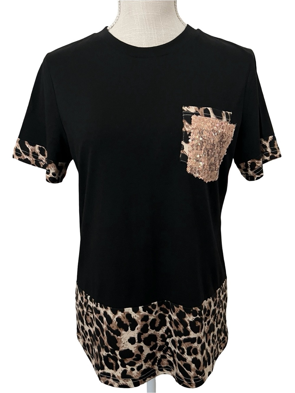 Black Short Sleeve Tee with Leopard Trim and Sequin Pocket